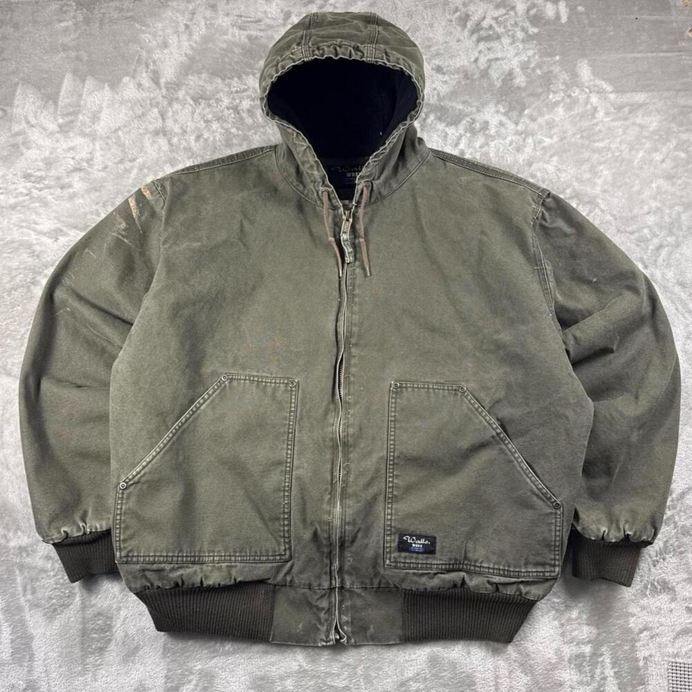 VTG Walls Workwear Jacket Mens 2XL Olive Canvas Hooded Fleece Lined Distressed